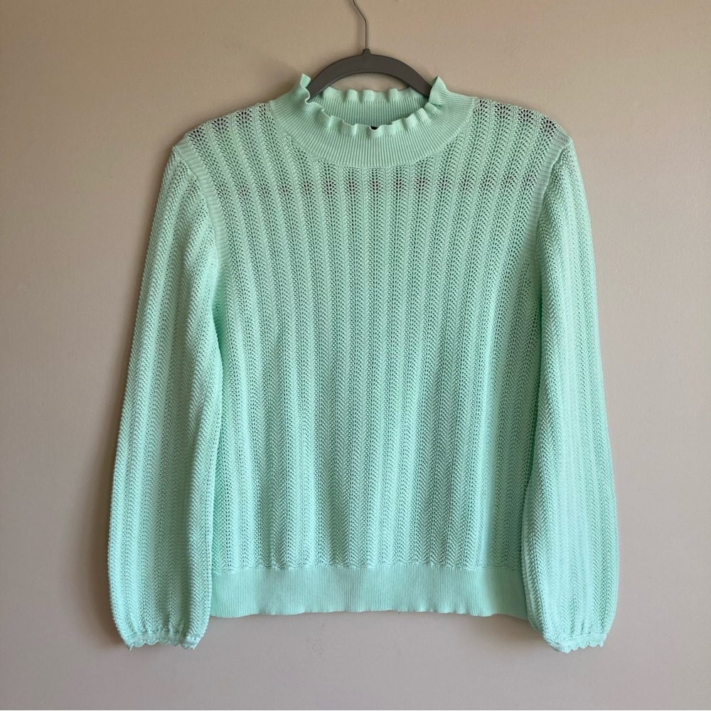 J Crew 100% Cotton Lightweight Frill Ruffle Mint Sweater M